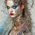 Elaborate fantasy makeup and costume with metallic accessories