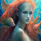 Fantasy mermaid with coral hair and fish companions in vibrant underwater setting