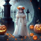 Young girl in vintage dress with floral headband among jack-o'-lanterns in Halloween graveyard