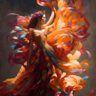 Colorful illustration of a woman in fiery feathered gown and wings posing serenely
