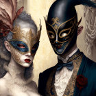 Artistic makeup: Skull-inspired duo in dark tones with gold accents and blue and white hues against a