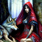 Gothic-inspired woman in red and black outfit in misty forest