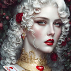 Pale woman with white curls, red lips, gold choker, heart earrings, surrounded by dark roses