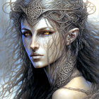 Fantasy female character with silver jewelry, headpiece, hair, and facial tattoos