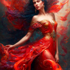 Ethereal woman in red dress with gold accents engulfed in flames and smoke