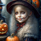 Young girl in witch costume with face paint surrounded by Halloween decor and moonlit background.