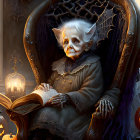 Elderly woman with pointed ears reading book in Halloween-themed setting