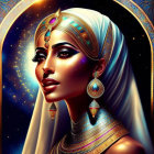 Illustrated portrait of a woman with ornate jewelry and mystical backdrop