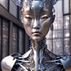 Detailed futuristic female android with intricate metal patterns and reflective surfaces against blurred background.