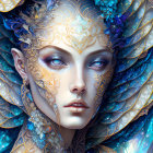 Elaborate gold and blue headpiece on woman with captivating gaze