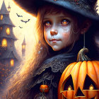 Young girl in witch costume with jack-o'-lantern & Halloween motifs: bats, haunted house,