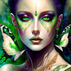 Fantasy artwork: Female figure with golden tattoos, emerald eyes, and butterfly wings.