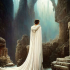 Person in White Cloak at Ancient Ruins Surrounded by Cliffs