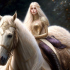 Fantasy illustration: Woman in armor on white horse in cosmic setting