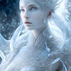 Ethereal being with pale skin, icy blue eyes, crystal adornments, and snowflake-pattern