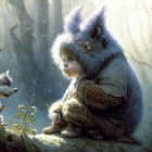 Child in furry costume with fantastical creature in sunlit forest