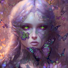 Digital art portrait of woman with flowers, butterflies, and mask