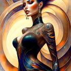 Elaborate tattooed woman with blue eyes in digital art