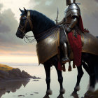 Knight in ornate armor on black horse in misty, fiery landscape with floating sparks and water.