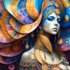 Colorful digital artwork: Woman with cosmic headdress in blue and gold swirls