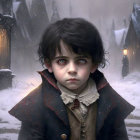 Young boy with dark hair and green eyes in snowy graveyard portrait