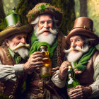 Elderly men in whimsical woodland attire enjoying drinks