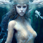 Mystical mermaid with patterned headdress swimming underwater among fish in ethereal blue glow