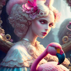 Baroque-style woman with pink flamingos in fantastical setting