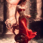 Ethereal fantasy illustration of a woman in red garments with golden swirls