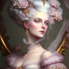 Digital artwork: Elegant woman with rococo hairstyle and roses in gilded mirror frame