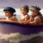 Three animated babies in vintage hats on tub in gentle sea waves under cloudy sky