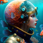 Surreal illustration of woman with diver's helmet, coral, and fish.