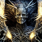 Skull with wings surrounded by glowing elements and intricate tree roots