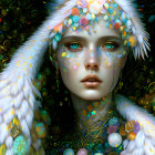Iridescent Woman Portrait with Fish-Like Features and Cosmic Background