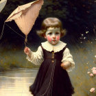 Vintage Painting: Young Child with Parasol by Pond