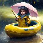 Child in yellow raincoat with pink umbrella in yellow boat under rainy sky