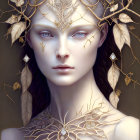 Person with pale skin wearing branch and leaf crown and jewelry in mystical and natural illustration