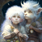 Fantasy characters with animal features in mystical forest