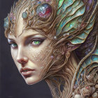 Digital portrait of mythical female creature with leaf-like ears, jewel-encrusted skin, and eth