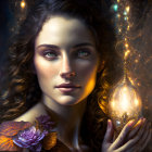 Curly-haired woman with green eyes holds glowing light bulb in warm, floral setting