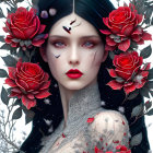 Portrait of Woman with Dark Hair, Roses, Jewelry, and Serene Expression