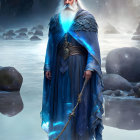 Wizard with white beard in blue robe wields glowing staff in mystical landscape