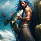 Fantasy illustration: Woman with blue hair, maritime attire, holding a fish, boat in stormy