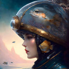 Surreal portrait of woman in astronaut helmet with live fish and aquatic scenery