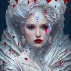 Mystical figure in white feathered attire with pale skin and small creature, against starry backdrop