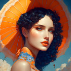 Curly-haired woman portrait with orange umbrella under golden light