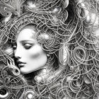 Geometric mesh patterns overlay woman's face in digital art