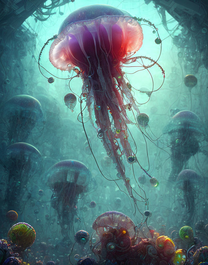 Detailed Digital Art: Large Jellyfish & Underwater Scene