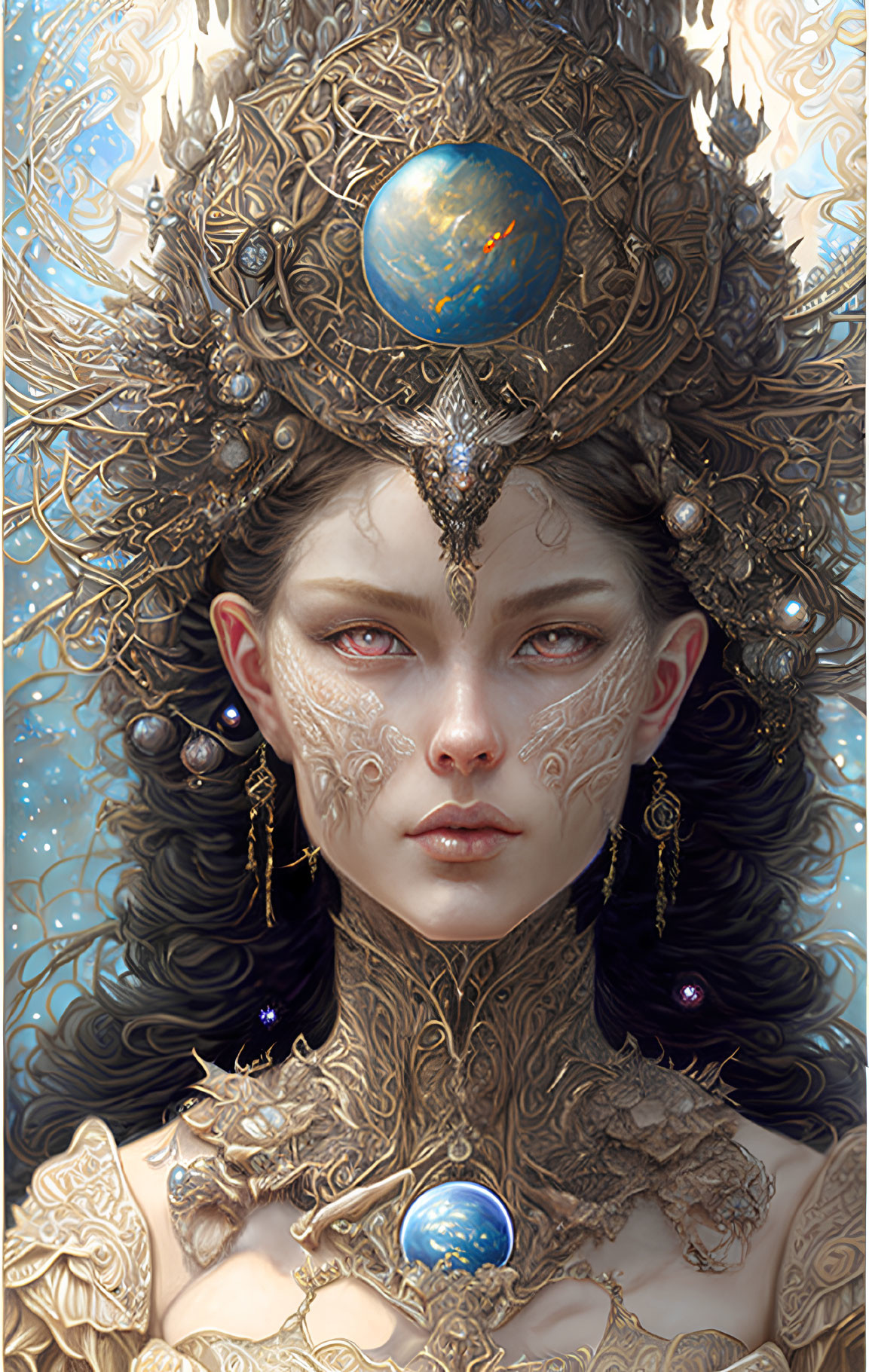 Illustrated portrait of woman with golden headgear, planet motif, facial tattoos, and celestial background.