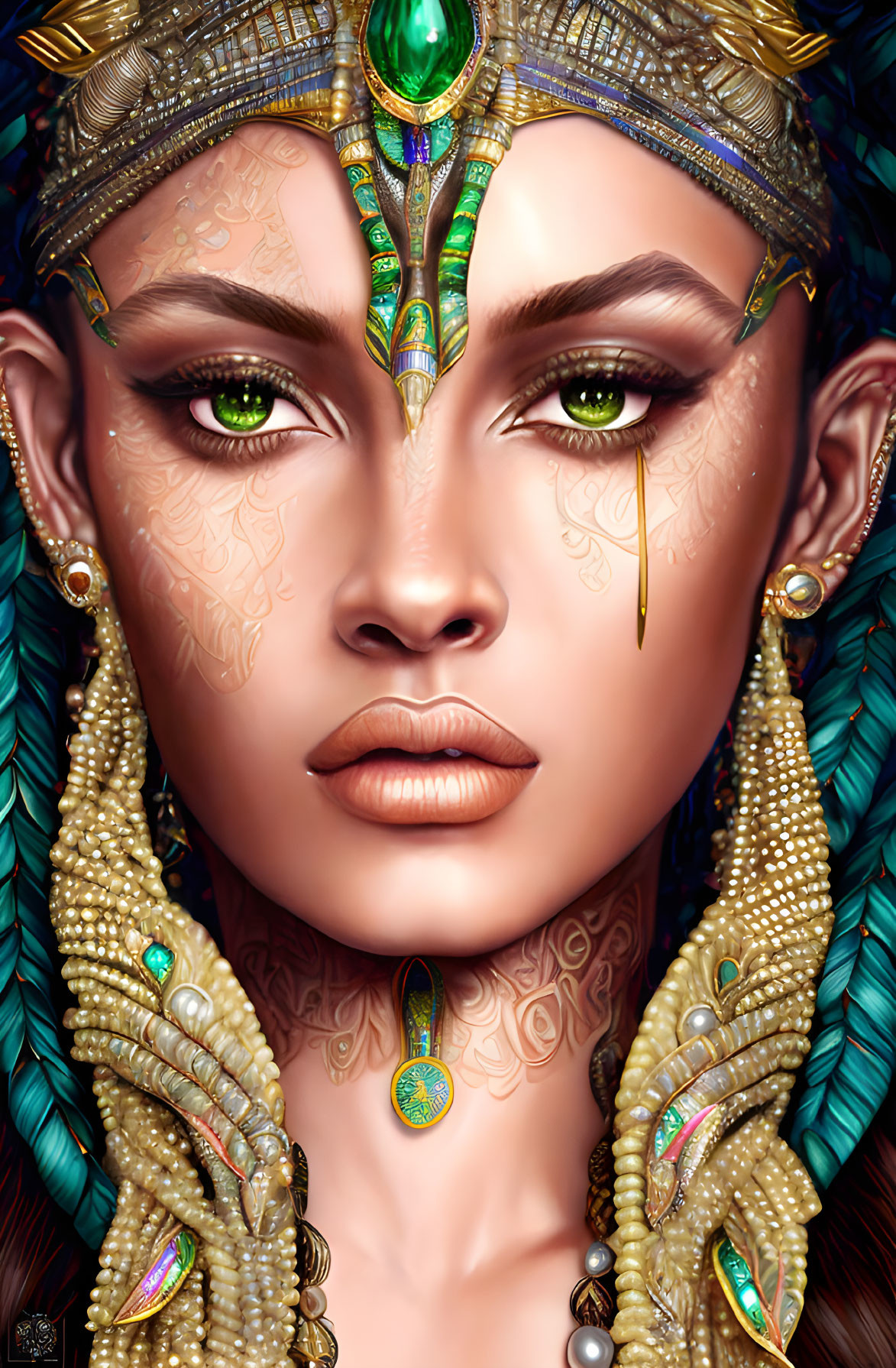 Digital artwork featuring woman with green eyes, regal headpiece, jewelry, and facial tattoos.